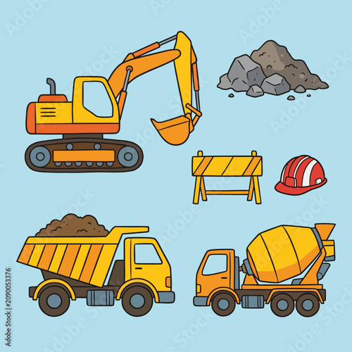 A collection of construction equipment including an excavator, dump truck, and cement mixer, symbolizing the vital role of machinery in building and infrastructure.