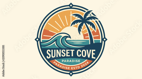 This vibrant logo encapsulates the spirit of a beach paradise with its stylized sun, waves, and palm trees, creating an inviting atmosphere for any tropical setting.
