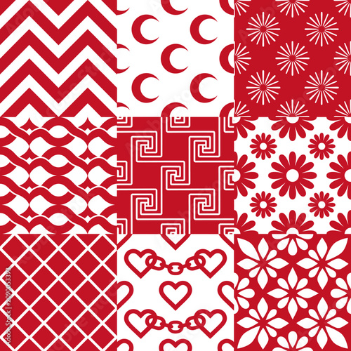 A collection of modern patterns in red and white, including geometric shapes and floral designs, ideal for fashion, textiles, and contemporary art applications.
