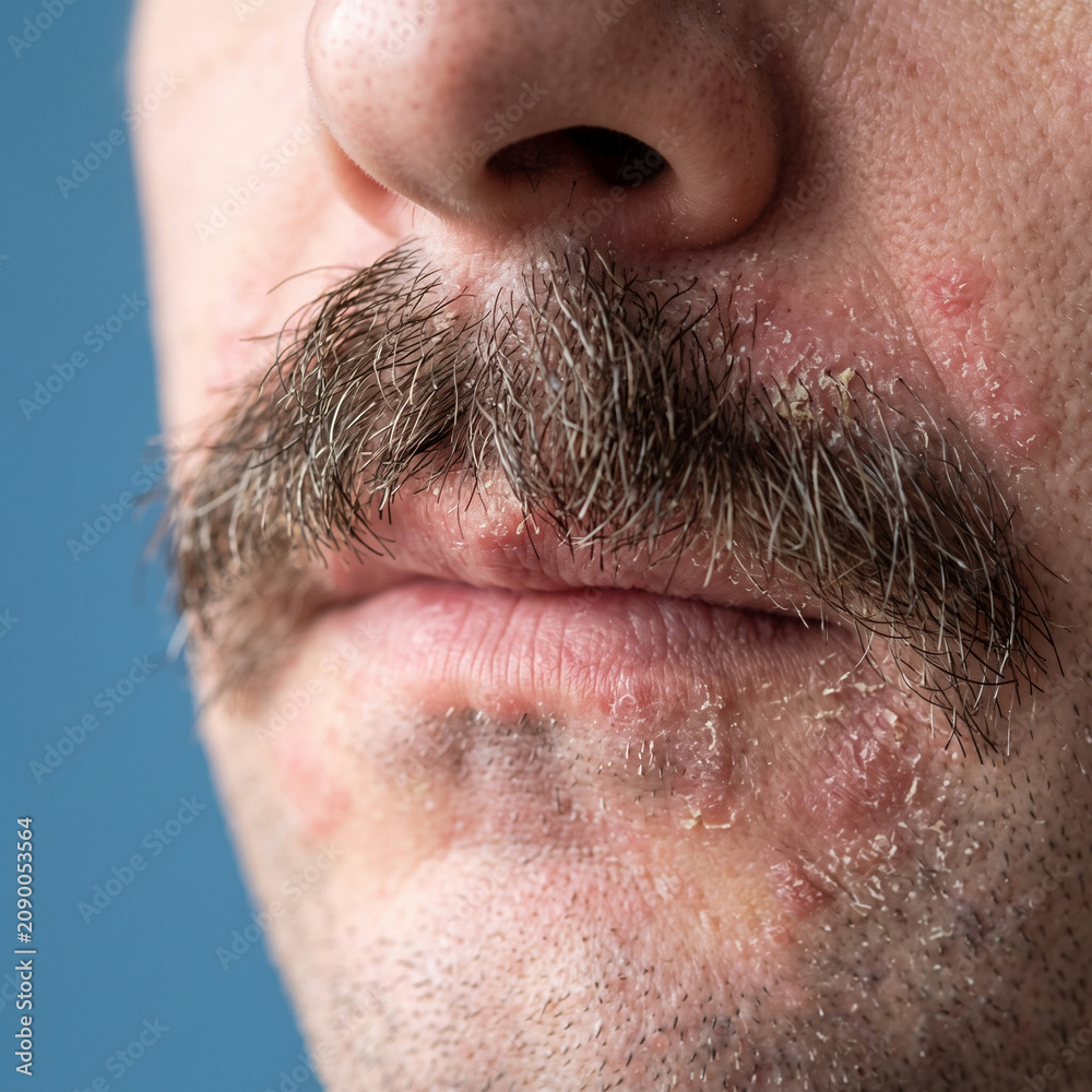 Naklejka premium Mustache region displays flaky skin and significant irritation on a male subject who might be suffering from common facial dermatosis or environmental sensitivity requiring medical diagnosis.