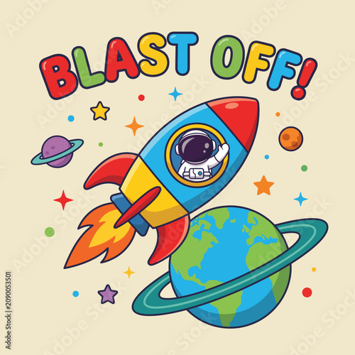 This dynamic illustration showcases a colorful rocket ship ready for blast off, set against a backdrop of planets and stars, capturing the excitement of space exploration.