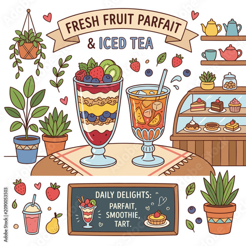 This vibrant image features a delicious fresh fruit parfait and a refreshing iced tea, accompanied by cute illustrations of plants, representing a perfect summer treat.