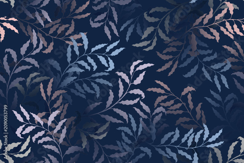 Ash branches tree leaves rich vector seamless pattern. Summer fashion dress t...