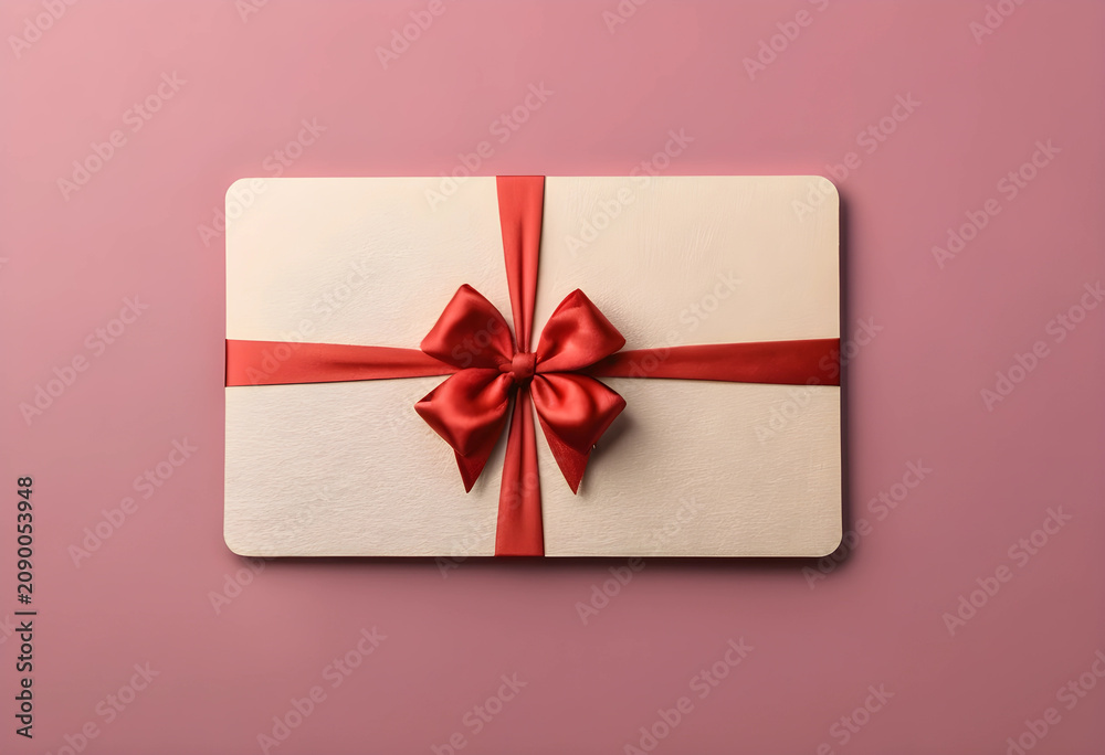 Fototapeta premium Gift certificate with red ribbon bow on pink background