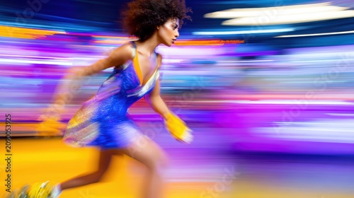 Rollerblading Speedster: A stylish woman with an afro and a vibrant dress races forward on rollerblades, streaks of color and light blurring behind her.