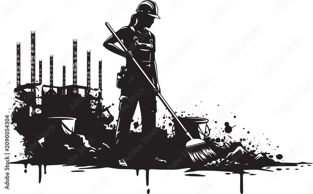 Obraz premium Construction site cleaning: a dedicated worker sweeps near a dev