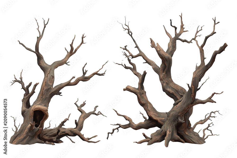 Obraz premium Gnarled old spooky trees with twisted branches and hollow trunk creating an eerie atmosphere on a transparent background