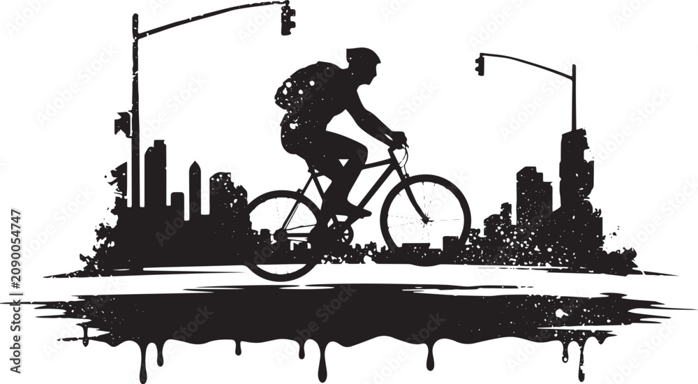 Obraz premium Urban cyclist silhouette riding through a city skyline with grun