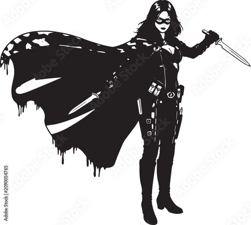Vector stencil silhouette of a masked female vigilante wielding