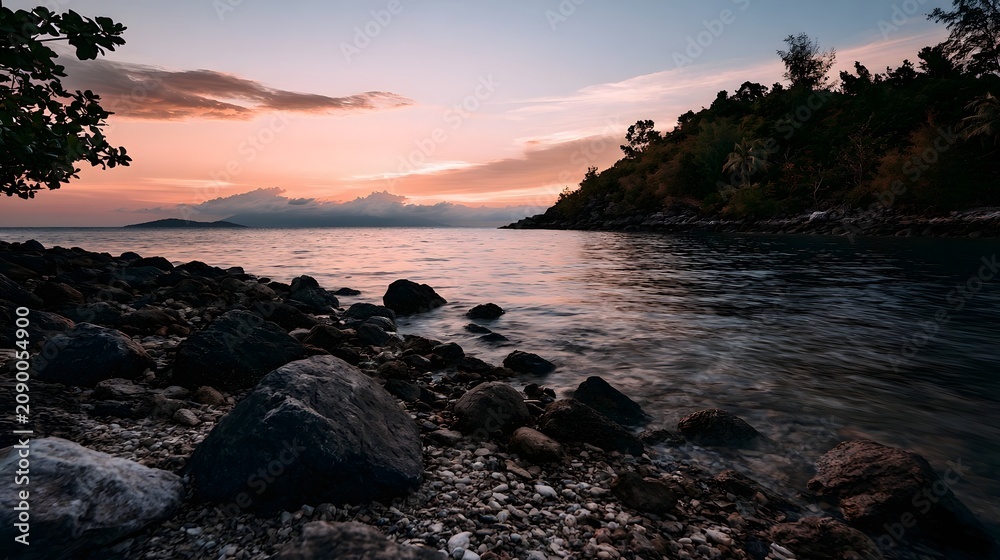 Obraz premium Sunset over calm sea with rocky shore and forested hillside under soft pink and orange sky