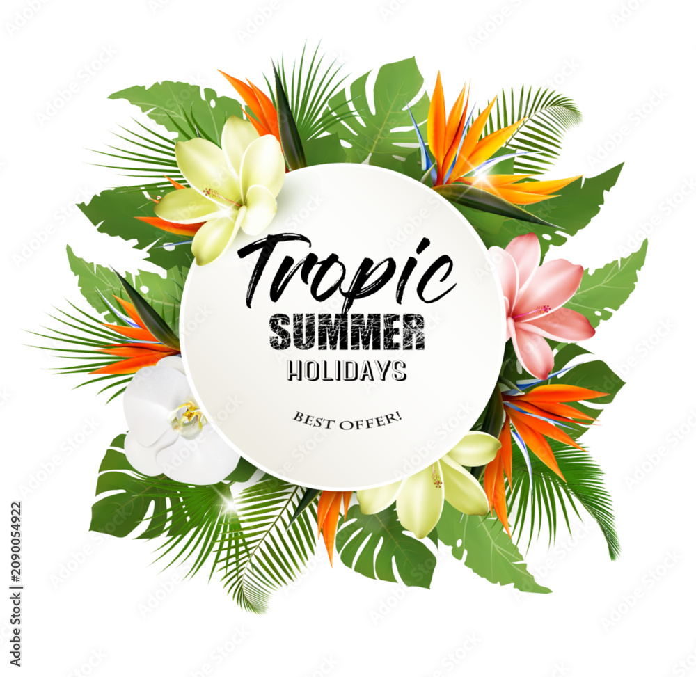 Obraz premium Summer Holiday Background With Tropical Plants And Exotic Flowers. Vector