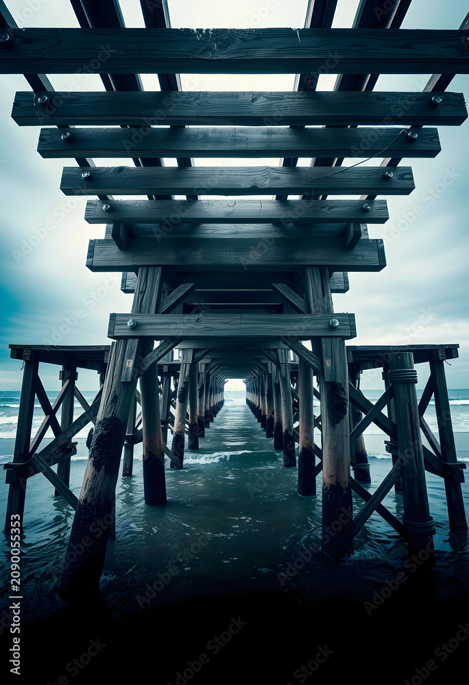 Fototapeta premium underneath wooden pier structure over ocean water