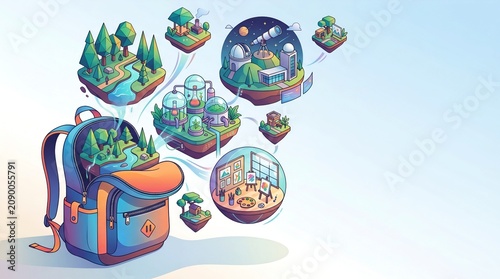 Creative Exploration Education World Concept Vector Illustration with Open School Backpack Bringing Out Geographic Floating Island, Science Laboratory, Observatory and Art Studio