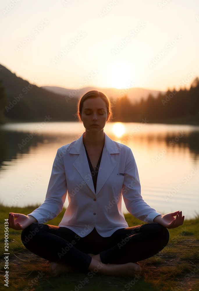 Fototapeta premium Young woman in white coat meditating by lake at sunset