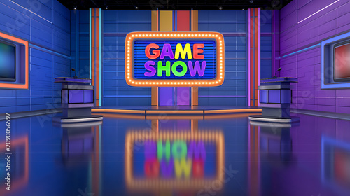 Vibrant Television Studio Set Ready for Entertainment and Competition, Brightly Lit Stage with 