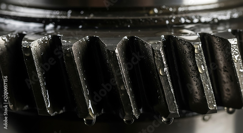 Close up shot of heavy industrial metallic gear with wet oil droplets