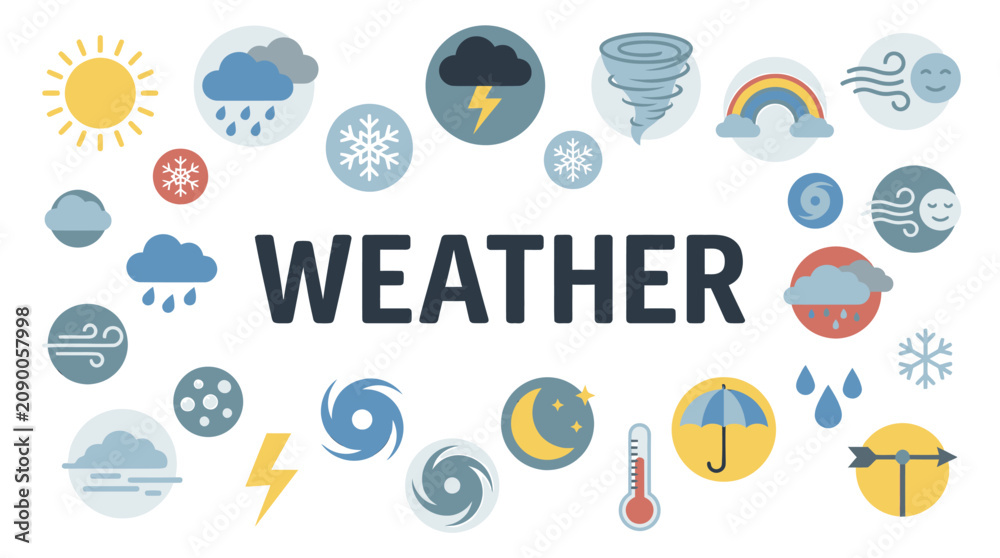Fototapeta premium A vibrant collection of stylized flat design icons depicting an extensive range of weather phenomena, illustrating diverse atmospheric conditions, climate patterns, and daily meteorological forecasts