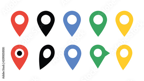 Collection of colorful map pin icons on white background
