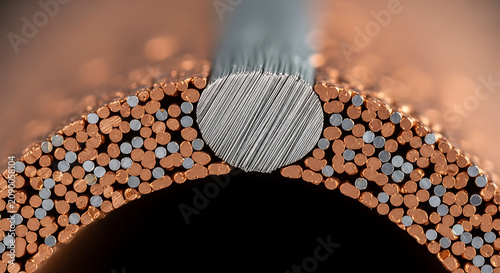 Cross section macro view of copper and silver electrical cable wire strands