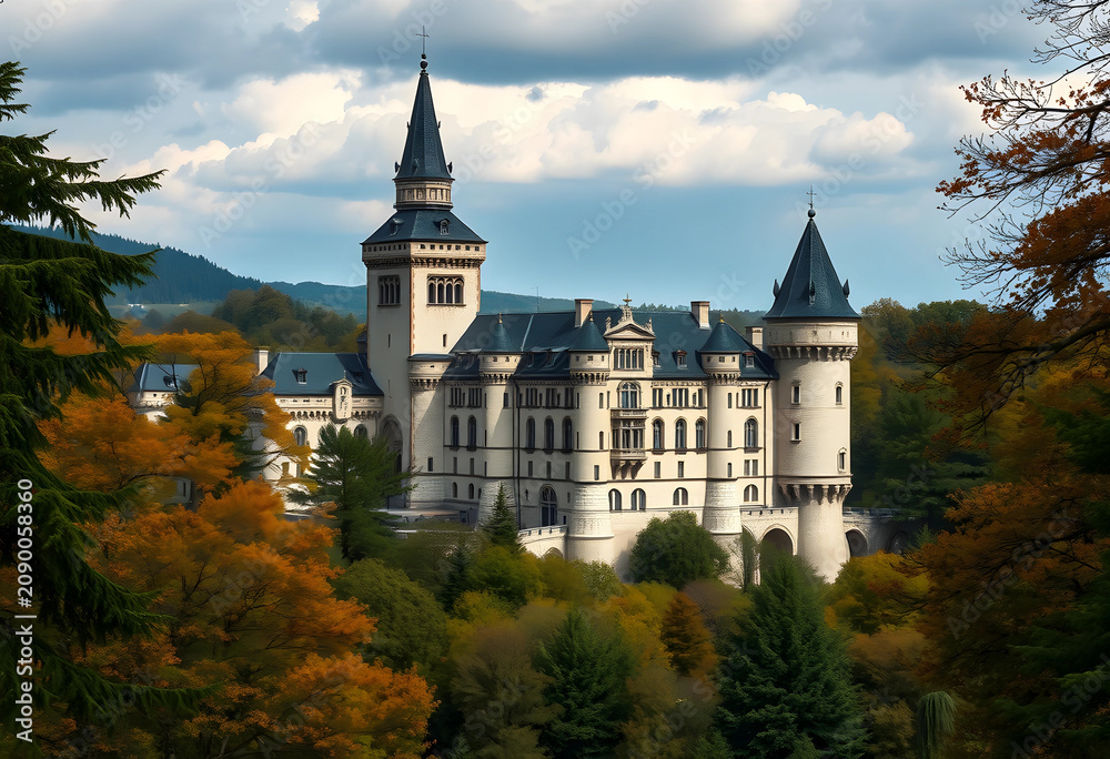 Obraz premium Ancient castle surrounded by autumn forest under cloudy sky