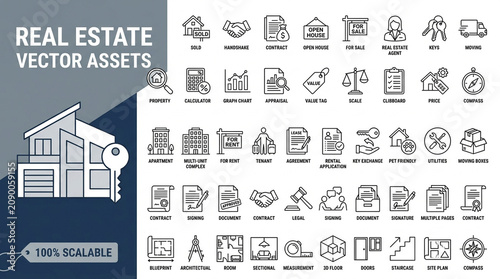 Comprehensive collection of property market linear icons including house keys, contracts, and financial documents for home buying