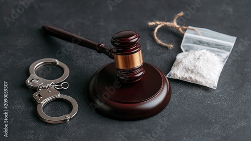 Justice and illegal substances: gavel, handcuffs, and drug evidence