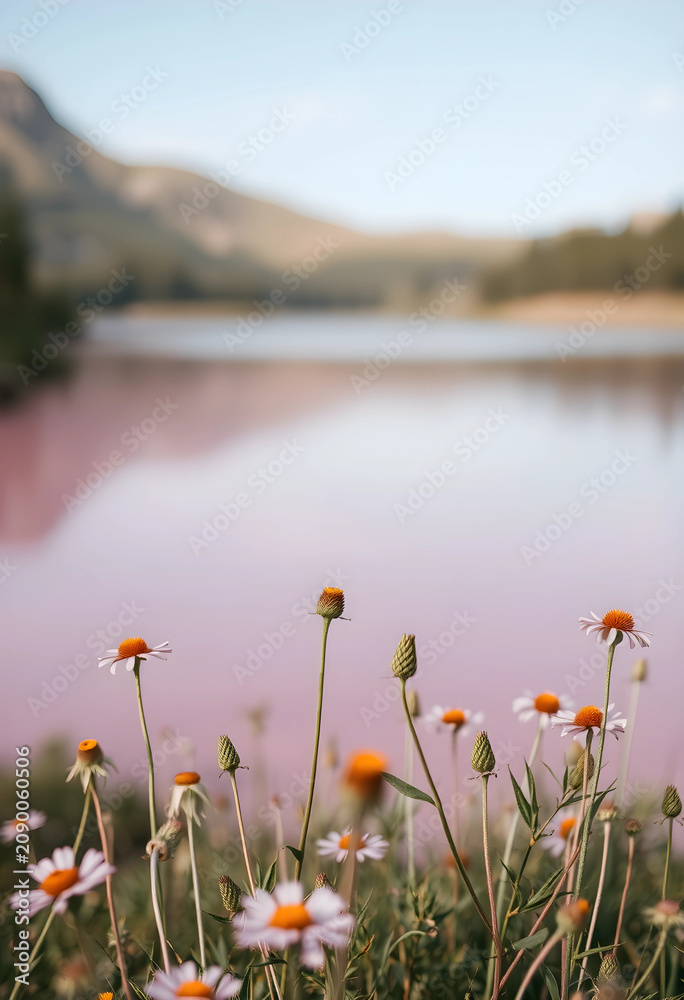 Fototapeta premium Wildflowers blooming near a pink lake in nature