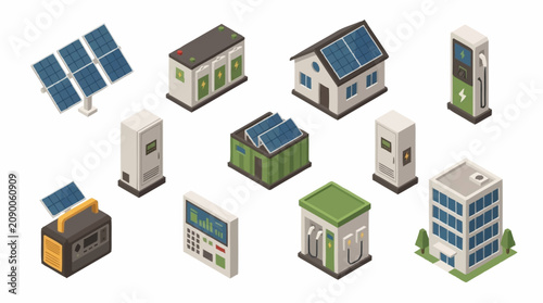 Isometric illustration of eco friendly buildings and solar panels.