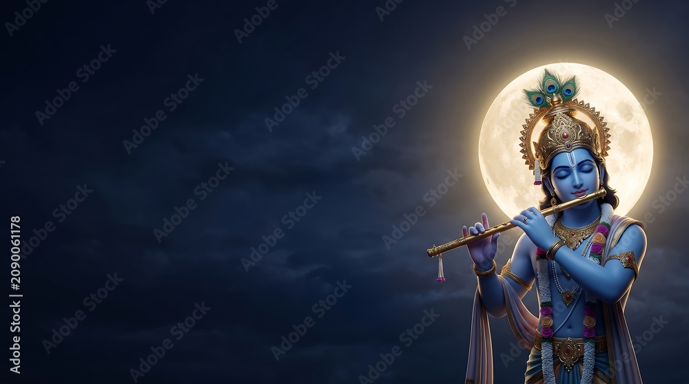 Obraz premium Lord Krishna playing golden flute under glowing full moon with peacock crown in serene divine night sky creating peaceful spiritual atmosphere.