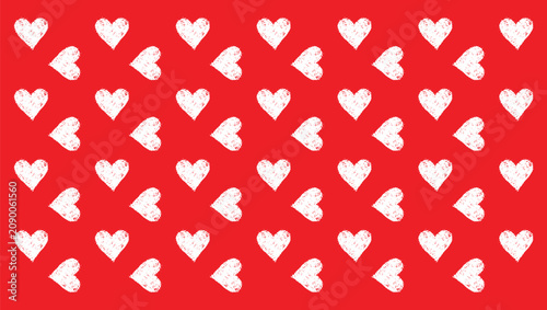 A repetitive, minimalist pattern featuring alternating rows of textured white hearts set against a red background, perfect for romantic, festive, or celebratory designs.