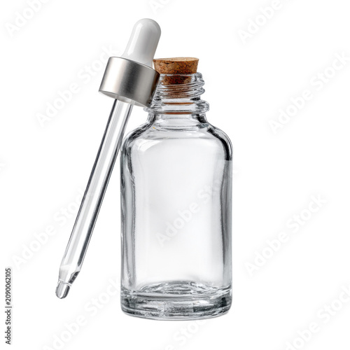 A clear bottle with a cork stopper and a silver top