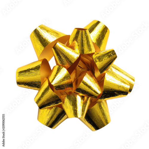 A gold bow made of paper is on a white background