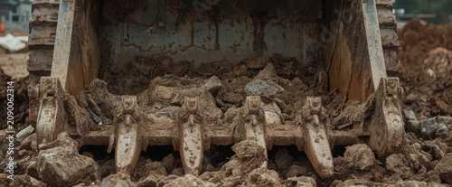 Heavy steel excavator bucket filled with wet brown mud working on a large construction site.