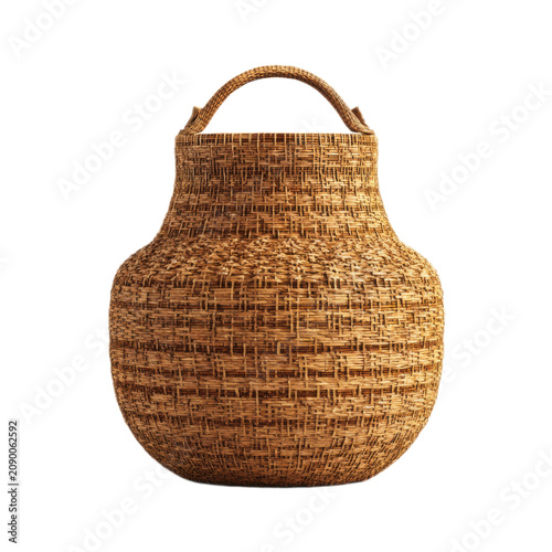 A large, brown basket with a handle sits on a white background
