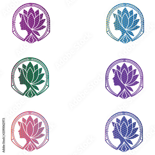 Elegant Woman Face Lotus Flower Logo Collection for Beauty Salon Spa Cosmetics Skincare Wellness Branding Distressed Vector.