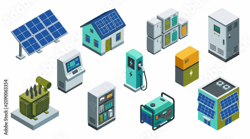 Tableau sur toile Isometric renewable energy and industrial technology icons set.