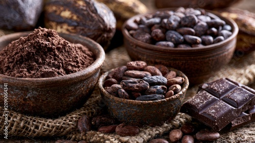 Bowls holding cocoa, beans, and chocolate sit on the table.