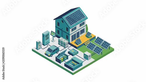 Modern eco friendly smart home with solar panels and electric car.
