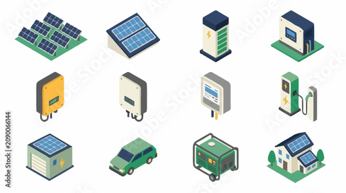 Foto Isometric icons of renewable energy and electric vehicle technology