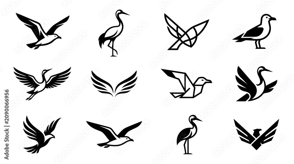 Fototapeta premium Diverse black bird silhouettes in flight and standing poses.