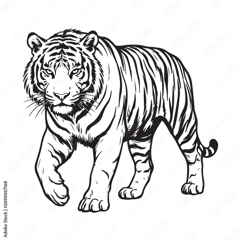 Fototapeta premium Black and white tiger illustration walking