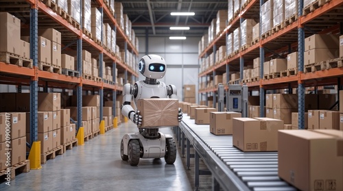 Humanoid robot carrying cardboard box in warehouse. Logistics automation and autonomous mobile robot technology in distribution center.