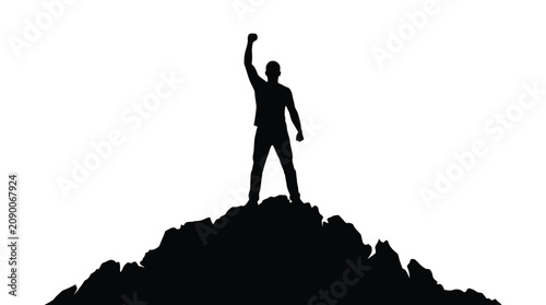 A bold vector illustration of a victorious man standing triumphantly on top of a mountain