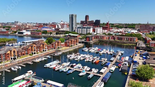 Liverpool Marina Boats and Cityscape Aerial View