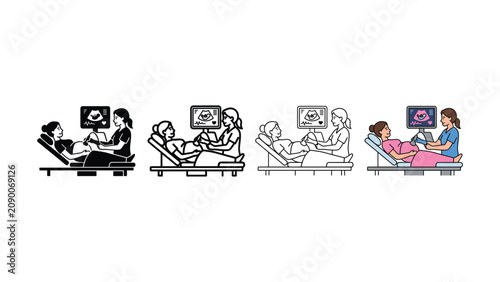 Foto Pregnancy ultrasound stages illustration set with expectant mothers and fetal he