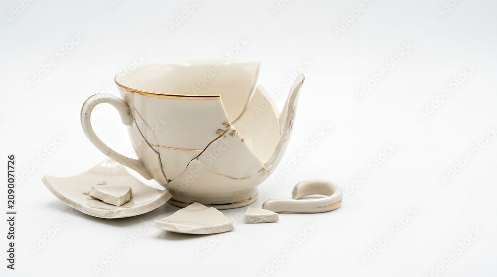Fototapeta premium Delicate Cracked Ceramic Teacup Isolated on White - Symbol of Fragility and Resilience