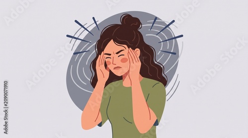 Woman experiences headache and dizziness in flat vector illustration.