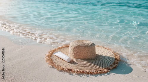 Panning shot of a straw sunhat and blank white sunscreen tube mockup on the sandy beach shoreline with soft turquoise ocean waves, copy space.