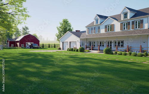 Modern Two-Story Farmhouse with Double Garage and Red Barn