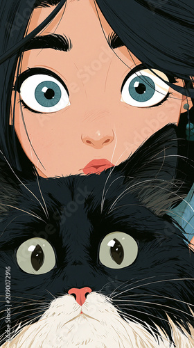 A cute girl and a cat, with beautiful eyes, in an adorable art illustration style